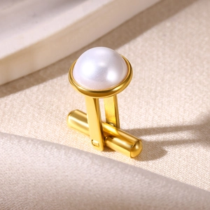 Boutons de manchette homme en acier doré avec perle ronde pour chemises de mariage