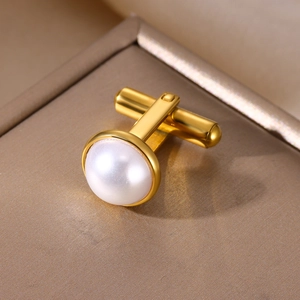 Elegant gold-plated stainless steel shirt cufflinks with white faux pearl for weddings