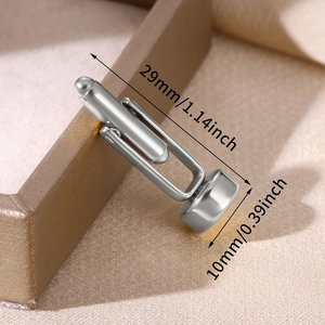 Polished stainless steel cufflink detailing size specifications on jewelry box