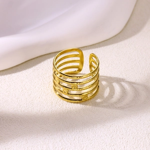 Detail of gold-plated multi-layer ring with hammered texture and small circle reliefs