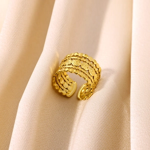 Gold plated stainless steel wide multi-layer cutout ring with sun flower texture