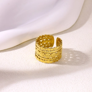18K gold plated stainless steel wide open ring with sunflower carvings and bead edges