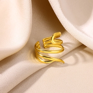 Gold plated multi-layer geometric stainless steel ring with spiral open adjustable design