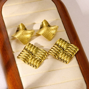18K gold plated stainless steel square earrings with geometric textured grid and ribbed finish