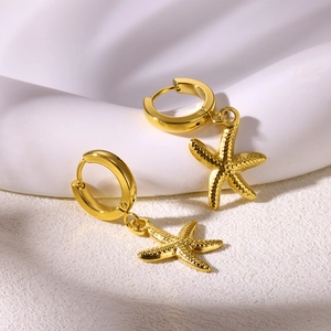 Detailed view of gold plated starfish huggie earrings with textured surface