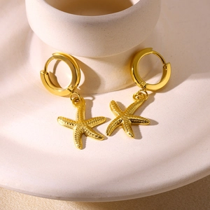 Elegant 18K gold plated stainless steel starfish drop hoop earrings on a tray