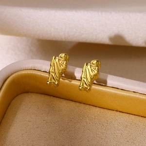 Detail of 18k gold plated stainless steel square stud earrings with embossed relief
