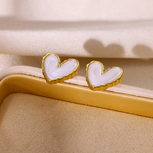 Fashionable gold-plated stainless steel heart earrings with white enamel inlay for women