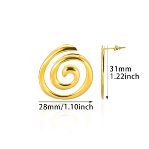 Detailed view of gold spiral heart earrings showing 31mm height and 28mm width dimensions
