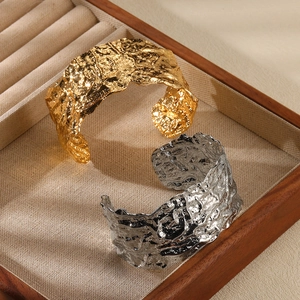 Chic 18K gold and silver wide lava texture cuff bracelets with irregular wavy edges