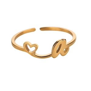 Anillo ajustable de acero inoxidable dorado con corazón abierto y letra a de moda