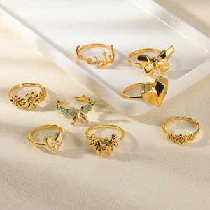 Fashion Stainless Steel Adjustable Open Ring For Women Heart Butterfly Flower Zirconia Enamel Bow Jewelry Finger Ring Gift