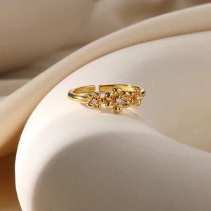 Adjustable gold flower ring with three tiny blossoms and sparkling zircon crystals