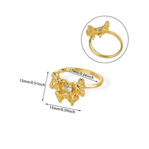Detailed view of golden heart ring with blue gemstone and dimensions for 17mm inner diameter