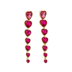 Pendientes retro de oro con cristales de corazón rosa en cascada y diseño lineal