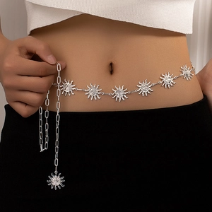 Vintage Alloy Sun Face Charm Waist Chain For Women Paperclip Link Body Chain Bohemian Style Adjustable Silver Jewelry