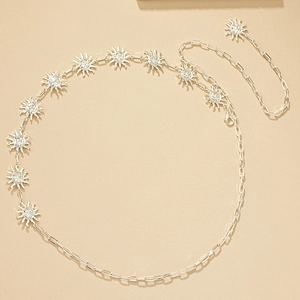 Fashion silver sun waist chain featuring rectangle links and embossed sun pendants