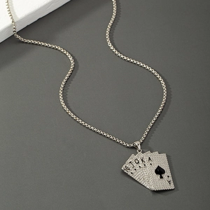 Iced out Ace of Spades Royal Flush poker pendant necklace with rhinestones and bead chain