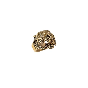 Anillo vintage de cabeza de tigre dorado con grabado en relieve 3D y expresión potente