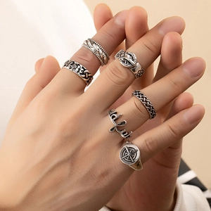 Vintage Silber Punk Ring Set für Herren mit Schlange, Lucky Buchstaben und Kompass