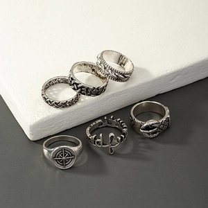 Vintage Antiksilber Ring Set Für Herren Punk Hip Hop Schlange Kompass Buchstabe Geschnitzte Legierung Gotische Ringe Schmuck