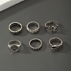 6er-Set Vintage-Silberringe für Herren mit Kompass-, Schlangen- und Flechtmotiven
