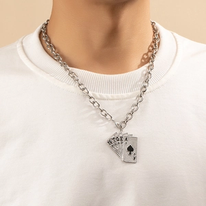 Ace Of Spades Poker Card Pendant Necklace Alloy Rhinestone Royal Flush Hip Hop Street Jewelry For Men Women Sweater Chain