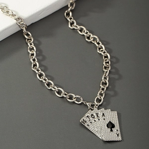 Hip hop silver spade ace royal flush pendant necklace with sparkling micro crystals