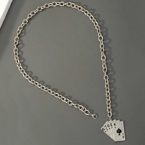 Hip hop silver chain necklace featuring iced out Royal Flush poker spade pendants