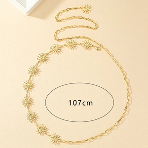 Bohemian gold sun face waist chain with flat rectangular links measuring 107cm long