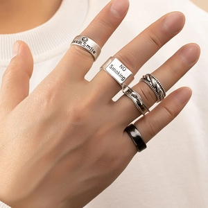 Herren Retro Hip-Hop Ring-Set mit Keep Smile und NO Smoking Slogans in Vintage-Silber-Optik