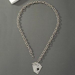 Hip hop silver spade royal flush necklace with sparkling rhinestones and thick round link chain