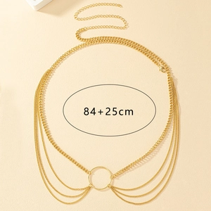 Detail of layered gold metal chain belt with 84+25cm adjustable length and large central ring