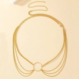Fashion gold multilayer tassel body chain with punk design and metal links