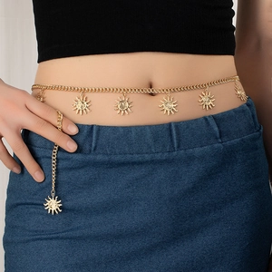 Bohemian Sun Pendant Waist Chain For Women Gold Alloy Metal Belly Chain Retro Sun Face Embossed Link Belt Jewelry For Dress