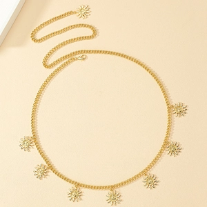 Fashionable gold metal chain belt with sun god charms for women's elegant dresses