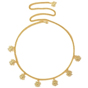 Fashionable gold metal waist chain featuring sun relief pendants and a minimalist link design
