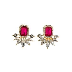 Orecchini vintage dorati con pietra preziosa rosso rosa e alone di cristalli