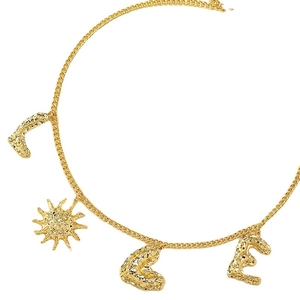 Golden punk hip hop waist chain for women with sun and letter charms on white background