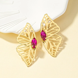 Vintage Gold Plated Alloy Hollow Butterfly Wing Drop Earrings For Women Elegant Rhinestone Marquise Cut Gemstone Jewelry