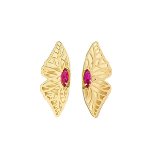 Golden butterfly wing earrings with marquise-cut magenta gemstones and hollow texture