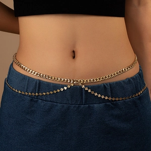 Sexy Double Layer Alloy Waist Chain For Women Vintage Gold Plated Curb Chain Body Jewelry With Leaf Pendants Adjustable Belt