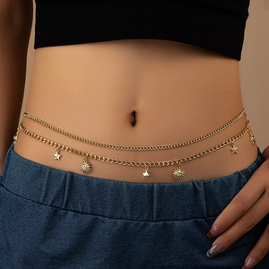 Bohemian Gold Alloy Sun Star Pendant Double Layer Waist Chain For Women Vintage Exaggerated Adjustable Belly Chain Accessory