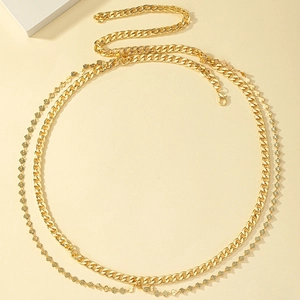 Elegant gold multi-layer body chain with leaf charms and sturdy curb chain for women