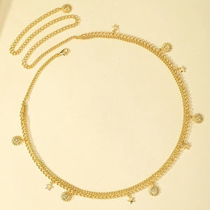 Bohemian gold layered waist chain featuring sun and star charms with adjustable lobster clasp