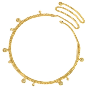 Golden bohemian waist chain featuring sunburst charms and small star pendants for women