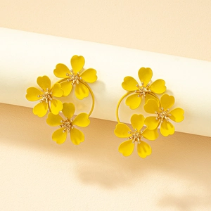 Vibrant yellow floral hoop earrings with matte finish and gold bead flower centers