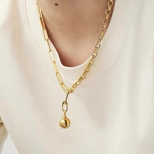 18K gold plated necklace with asymmetric paperclip and round bead ball pendant