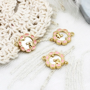 18K gold plated flower rabbit pendant charms with pink enamel for DIY jewelry making