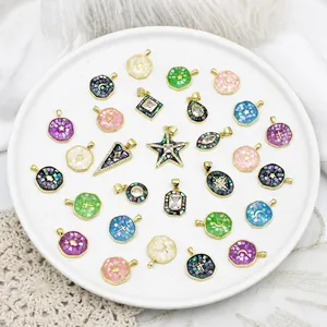 Colorful Abalone Shell Geometric Pendant 18K Gold Plated Copper Moon Star Heart Hamsa Hand Cross Charm DIY Jewelry Accessories